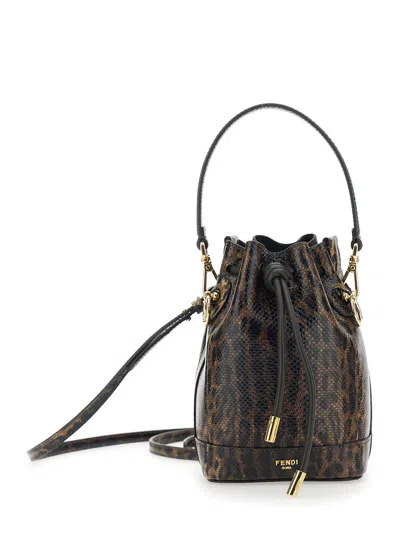Fendi Women 'mon Tresor Mini' Brown Handbag With Removable Shoulder Strap And Jaguar Print In Leathe