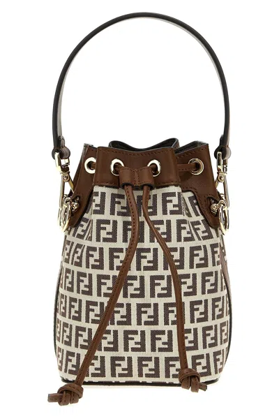 Fendi Embroidered Fabric And Leather Mini Bucket Bag In Brown
