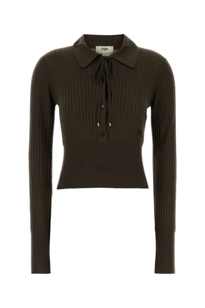 Fendi Women Mud Stretch Wool Polo Shirt In Brown