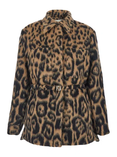 FENDI FENDI WOMEN MULTICOLOR COAT WITH FF BUCKLED BELT ON THE FRONT AND ALL-OVER LEOPARD MOTIF IN WOOL BLE