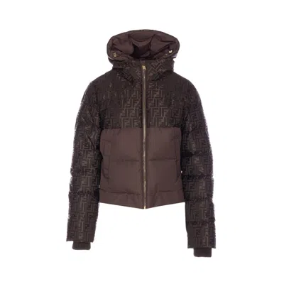 Fendi Women Nylon Ff Down Jacket In Brown