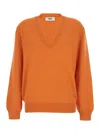 Fendi Women Orange Oversize Sweater With V Neck And Logo Lettering Embroidery On The Front In Cashme In Orange