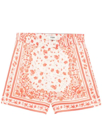 Fendi Technical Cotton Shorts With Coral Bandana Print In Multi