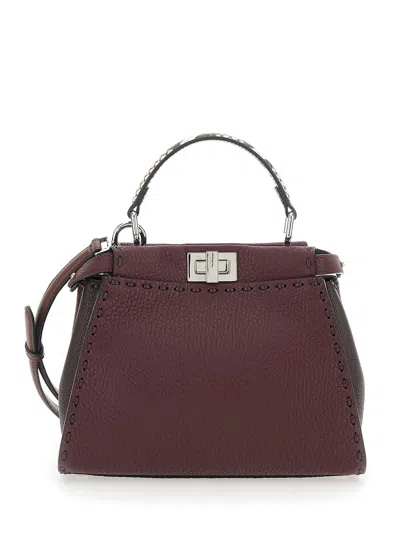 Fendi Women 'peekaboo' Bordeaux Handbag With Snakeskin Handle And Turn-lock Closure On Both Sides In In Brown
