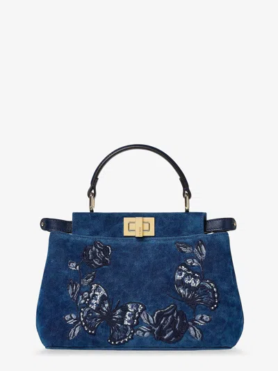 Fendi Women Peekaboo Mini Denim Crossbody Bag With Night Butterfly Embroidery In Blue