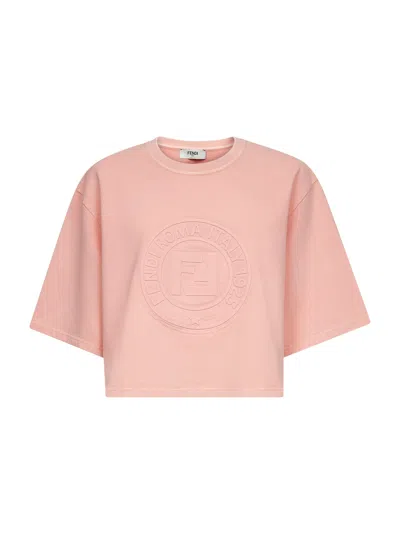 Fendi Women Pink Cotton Logo Cropped T-shirt