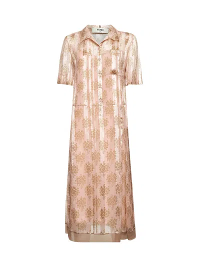 Fendi Women Pink Floral Chiffon Shirt Dress In Neutral