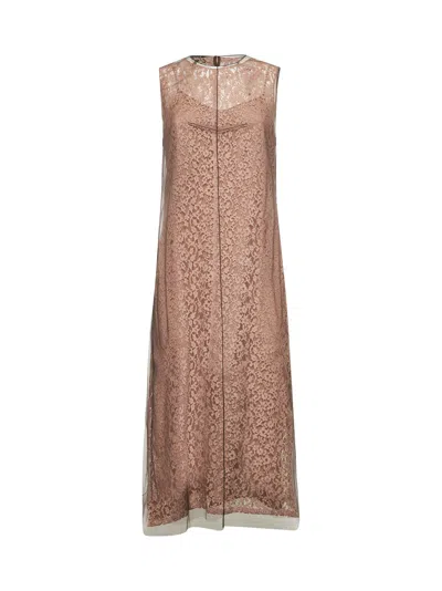 Fendi Women Pink Floral Lace Layered Midi Dress In Brown