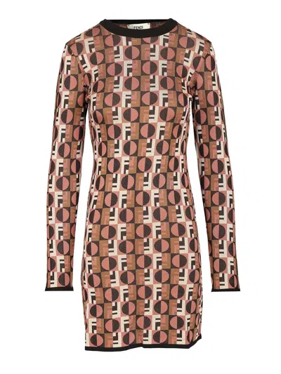 Fendi Optical Crew Neck Geometric Pattern Dress In Brown