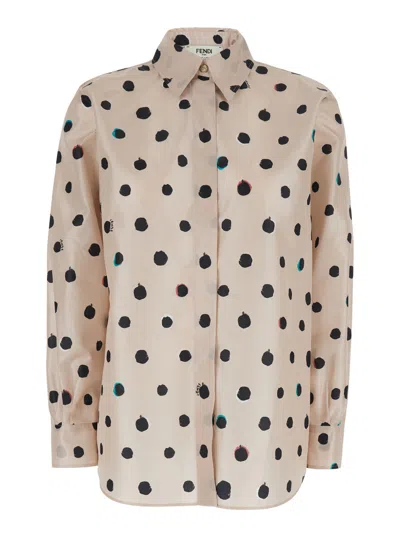 Fendi Women Pink Silk Shirt With Classic Collar And All-over Polka Dots Motif Woman In Brown