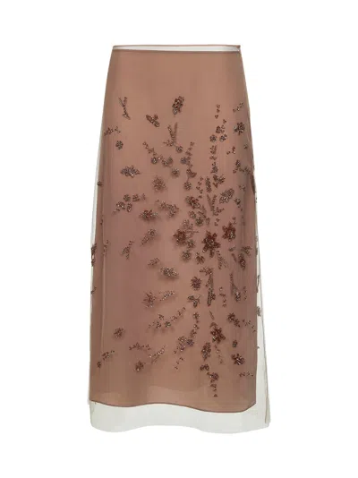 Fendi Women Pink Tulle Embroidered Longuette Skirt In Brown