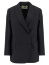 Fendi Women Blue Double-breasted Jacket With Peak Revers And Pinstripe Motif In Wool Blend Woman In Black
