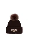 Fendi Brown Pompon Embroidered Logo Beanie Hat In Black