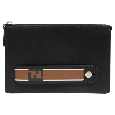 Pre-owned Fendi Women Pouch Black Leather Brown Ff Logo Clutch Mens Travel File Palladium