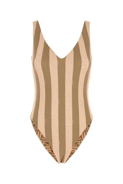 Fendi Women Printed Stretch Nylon Reversible Swimsuit In Brown