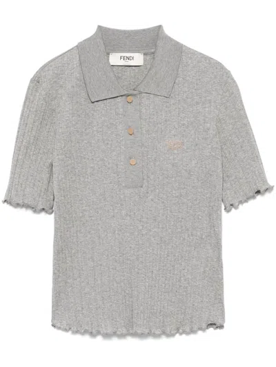Fendi Women Ribbed Cotton Polo Shirt In Grey