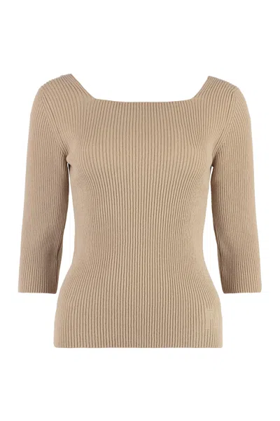 Fendi Ribbed-knit Cotton-blend Top In Beige
