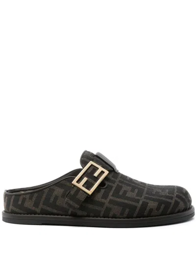 Fendi Round-toed Sabots With Ff Strap In Tabacco Nero
