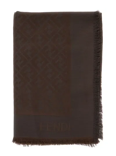 FENDI FENDI WOMEN BROWN SQUARE SCARF WITH ALL-OVER FF MOTIF AND LOGO LETTERING ON THE FRONT IN WOOL AND SI