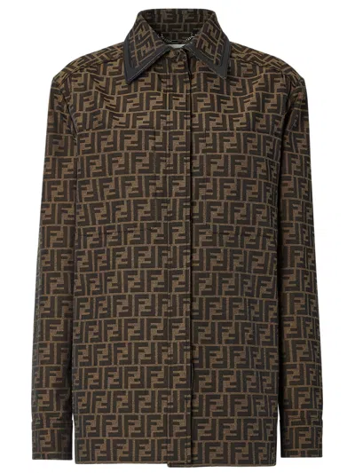Fendi Women's Single-breasted Straight-fit Jacquard Jacket With Shirt Collar, Patch Pockets And Size In Marrone