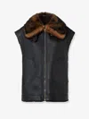 Fendi Women Black Sleeveless Shearling Jacket With Buckled Spread Collar In Leather And Fur Woman In Black