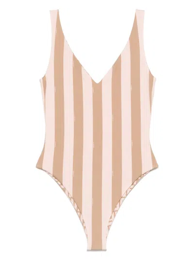 Fendi Women Striped Swimsuit In Brown