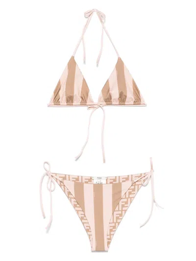 Fendi Women Striped Triangle Bikini Set In Beige