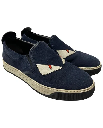 Fendi Women's Suede Monster 3d Eyes Slip-on Sneaker (authentic Pre-loved) In Blue