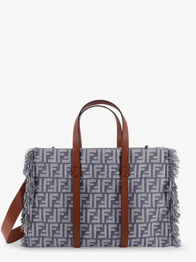 Fendi Women Summer Tote Ff Jacquard Fabric Shoulder Bag With Fringes In Blue