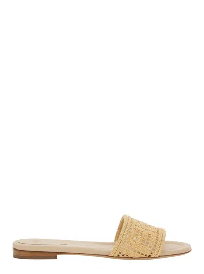 Fendi Women 'sunshine' Beige Sandals With Ff Embroidery On The Front And Platform Sole In Raffia Wom In Multi