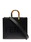 Fendi Women 'sunshine' Black Handbag With Embossed Logo And Tortoiseshell Handles In Leather Woman In Black