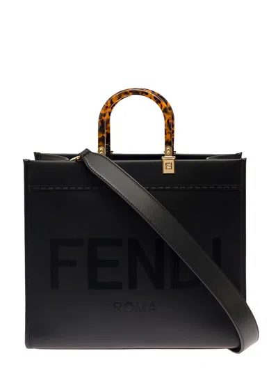 Fendi Women 'sunshine' Black Handbag With Embossed Logo And Tortoiseshell Handles In Leather Woman