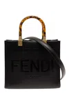 Fendi Women 'sunshine Small' Black Tote Bag With Embossed Logo And Tortoiseshell Handles In Leather  In Black