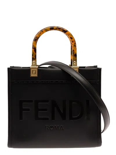 Fendi Women 'sunshine Small' Black Tote Bag With Embossed Logo And Tortoiseshell Handles In Leather