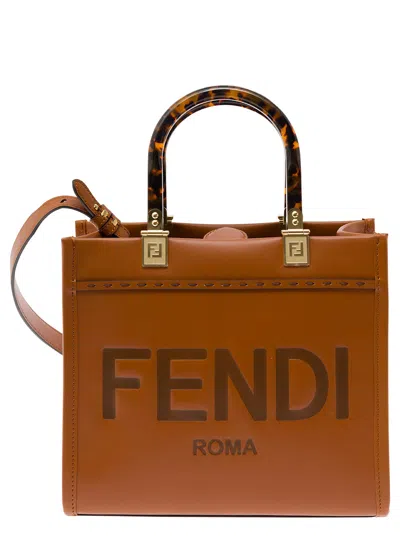 Fendi Women 'sunshine Small' Brown Tote Bag With Embossed Logo And Tortoiseshell Handles In Leather