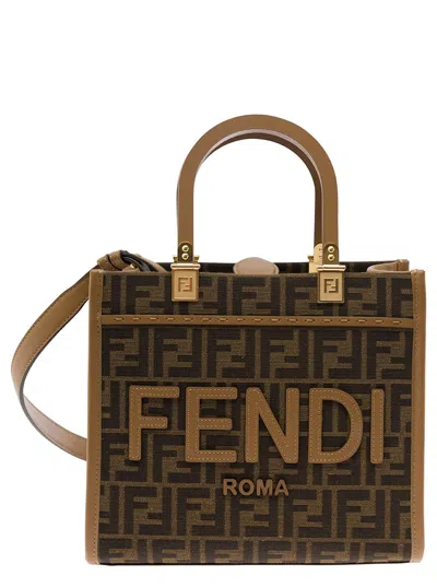 Fendi Women 'sunshine Small' Brown Tote Bag With Logo In Ff Jacquard Canvas And Leather Woman