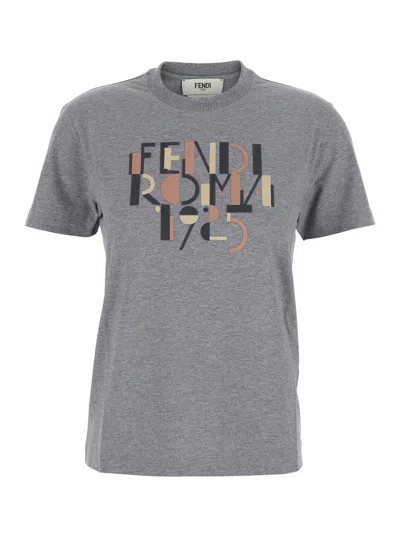 FENDI FENDI WOMEN GREY CREWNECK T-SHIRT WITH LOGO DETAIL ON THE FRONT IN COTTON WOMAN