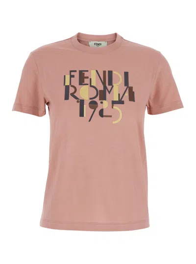 FENDI FENDI WOMEN PINK CREWNECK T-SHIRT WITH LOGO DETAIL ON THE FRONT IN COTTON WOMAN