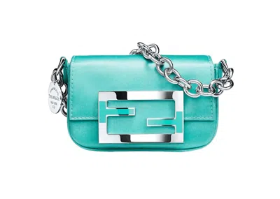 Pre-owned Fendi Women's Tiffany X  Nano Baguette In Tiffany Blue Silk Satin With Sterling Silver