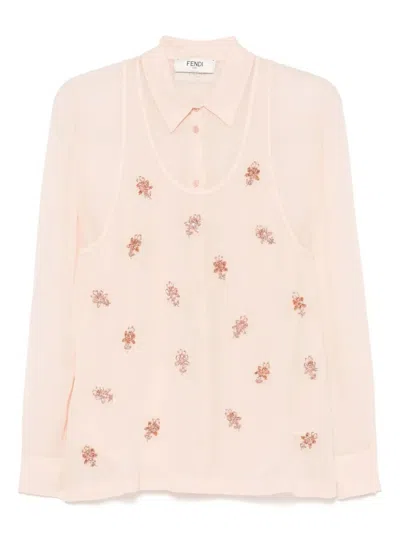 Fendi Women Georgette Top With Rhinestones And Sequins Embroidery In Multi