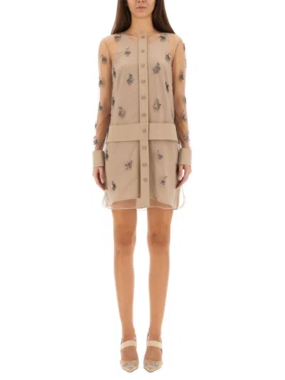 Fendi Women Tulle Dress With Embroidery In Neutral