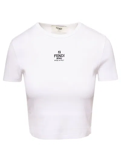 Fendi Women White Ribbed Crop T-shirt With Logo Embroidery In Cotton Woman