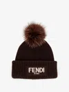 Fendi Brown Pompon Embroidered Logo Beanie Hat In Brown