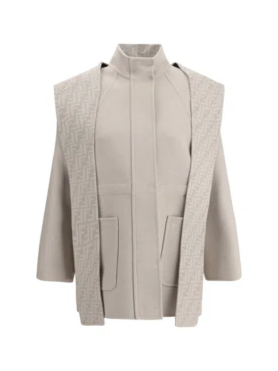 Fendi Women Wool Coat With Removable Hood In Gray
