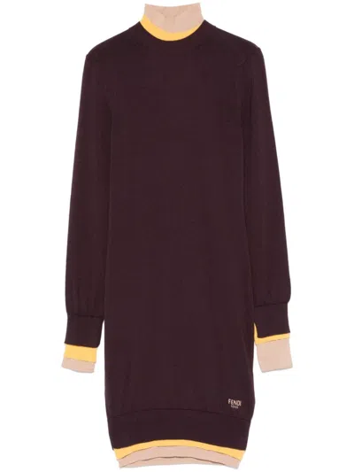 Fendi Mini Wool Dress With Contrasting Details In Burgundy