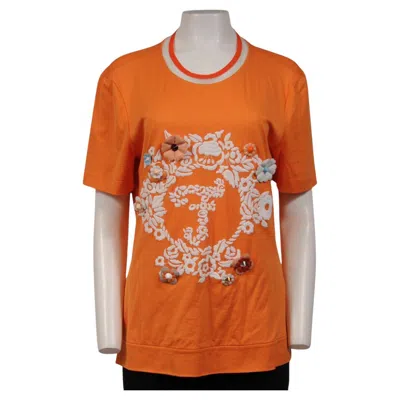 Pre-owned Fendi Womens Floral Embroidered Bow Applique F Logo T Shirt Size Large Orange