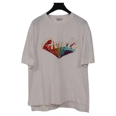 Pre-owned Fendi Womens Sequin Rainbow Logo T Shirt Large White Short Sleeve Top
