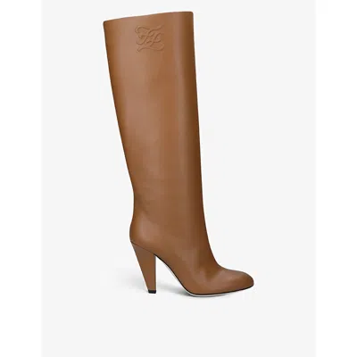 Fendi Womens Tan Show Logo-embossed Leather Knee-high Boots Eur 39 / 6 Uk In Brown