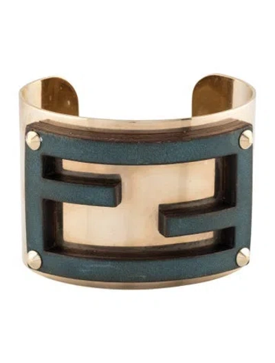 Pre-owned Fendi Wood & Leather Cuff Bracelet In Blue