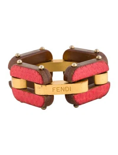 Pre-owned Fendi Wood & Snakeskin Chain Link Bracelet, 6.5" In Brown/red